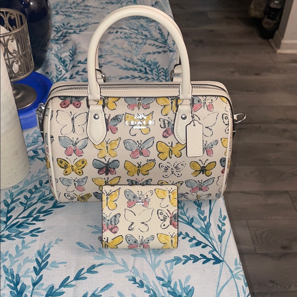 Coach White And Yellow Satchel With Butterfly Print